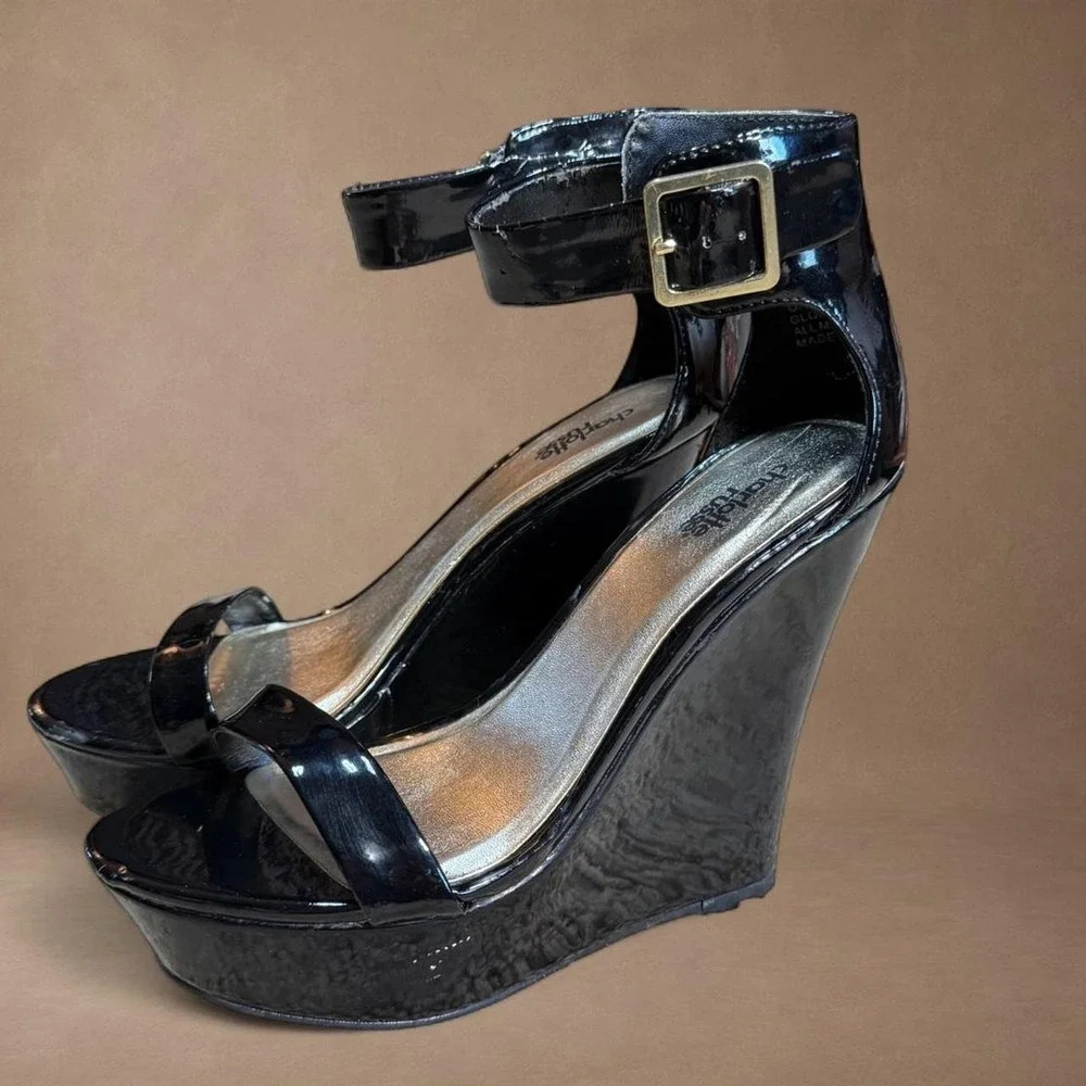 Charlotte Russe Black Patent Platform Wedge Heels Y2K 2000s READ DESCRIPTION